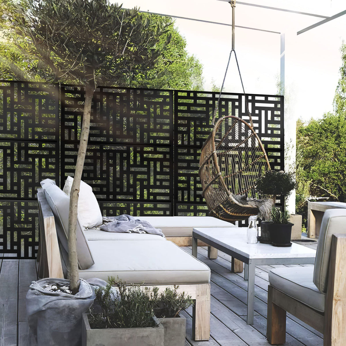 Elevens Metal Outdoor Privacy Screen, Freestanding Outdoor Divider Decorative Privacy Fence Screen, Fence Panels for Balcony Patio,72‘’H×47‘’W (Black-Retangle)