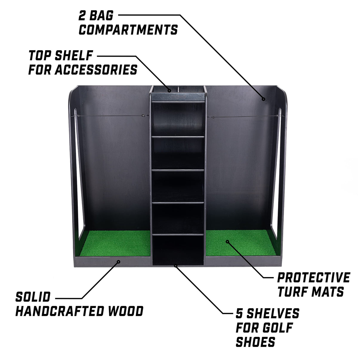 GoSports Premium Wooden Golf Bag Organizer and Storage Rack - Black