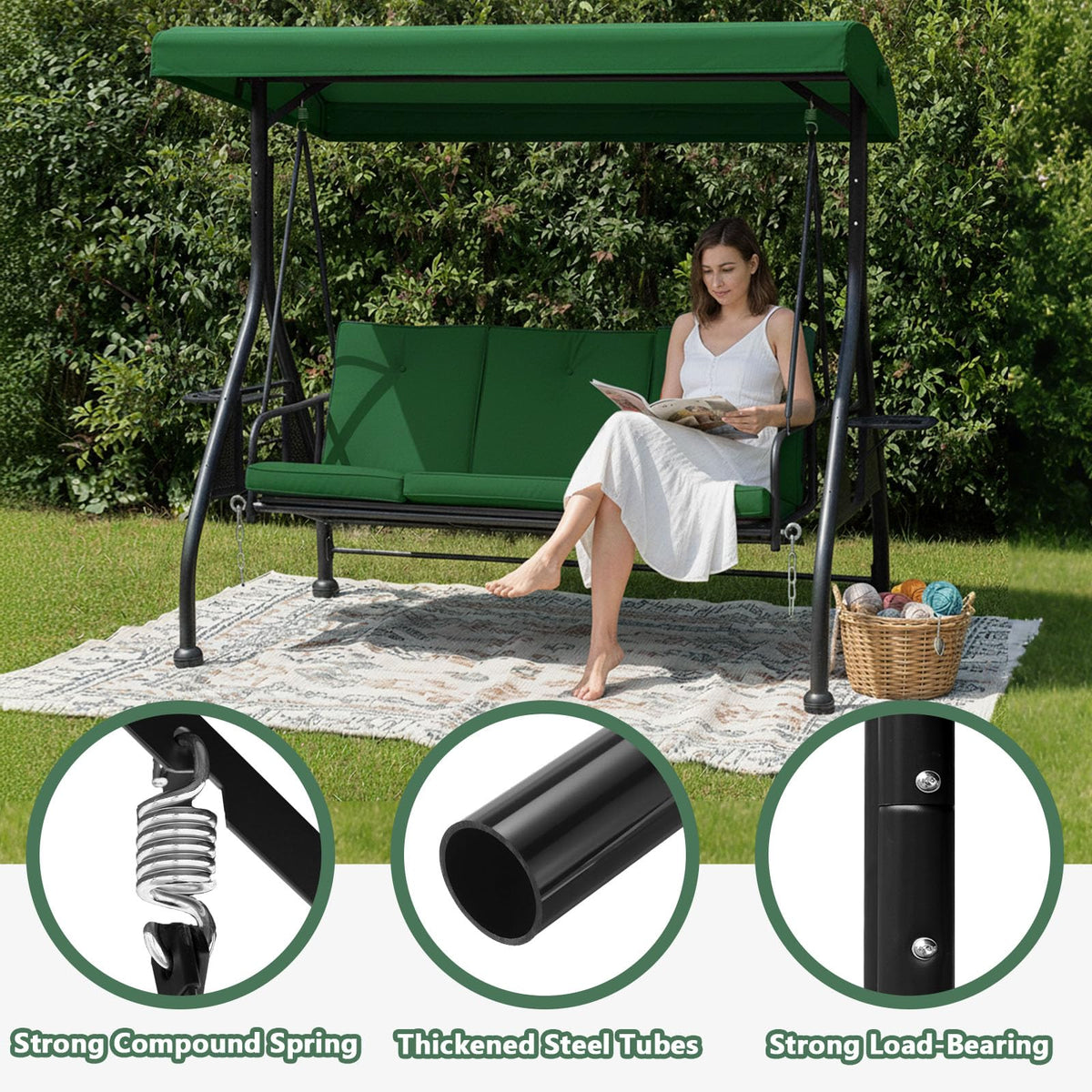 3-Seat Outdoor Porch Swing Glider with Stand, Convertible Patio Swings Bed with Foldable Side Tray & Thicker Cushion for Balcony Garden Deck Poolside - Green