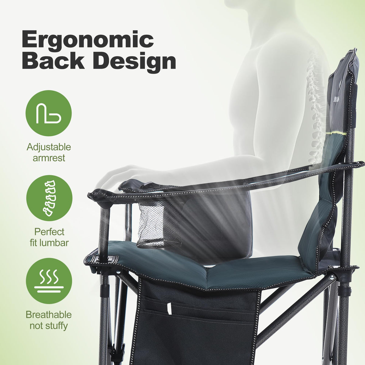 LET'S CAMP Oversized Folding Camping Chair Portable Outdoor Heavy Duty Padded Chairs Lawn Chair with Cup Holder, Storage Pocket and Cooler Bag, Supports 450LBS, for Camp, Travel, Picnic,2 Pack(Green)