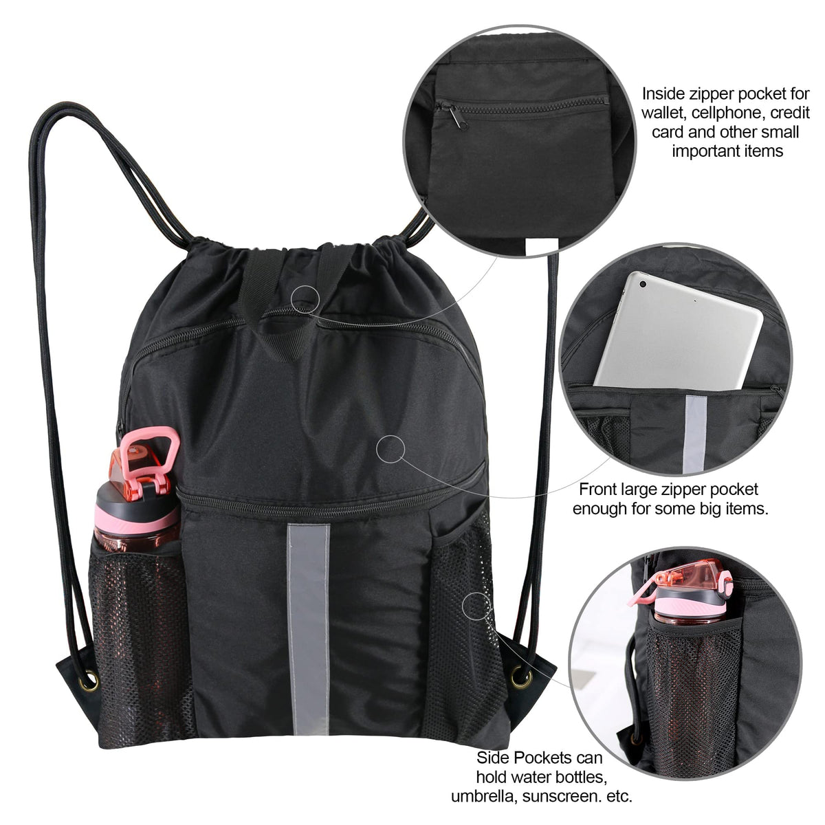 BeeGreen Drawstring Backpack Bag with Shoe Compartment, X-Large Black Gym Sports String Cinch Backpack, Athletic Sackpack with Front Inside Zipper Pockets