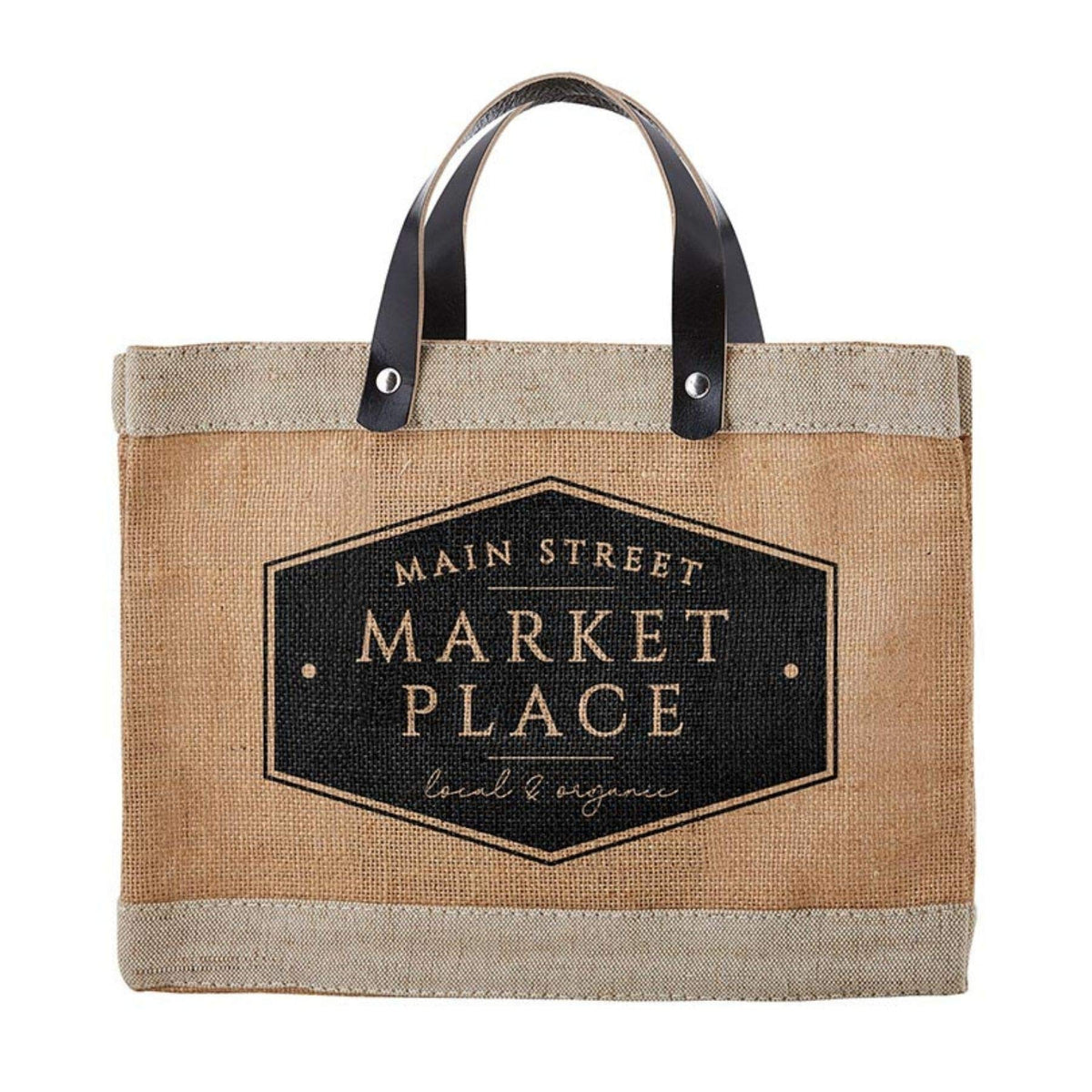 Santa Barbara Design Studio Main Street Farmers Market Tote, Reusable Burlap Grocery Bag with Leather Handle, Purse for Beach or Picnics, Food Lovers Gift Idea, 12.5 x 9.5 Inches