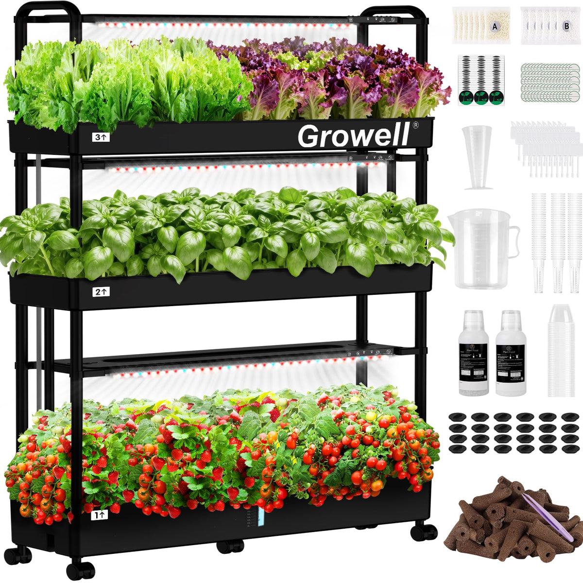 Growell Large Hydroponics Growing System Kit, 90 Pods Vertical Indoor Herb Garden Kit with 2 Light Modes & Auto Circulating Water System, 40L Movable Indoor Gardening System for Herb Vegetable Fruit