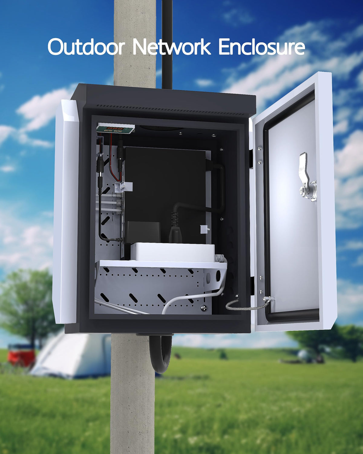 Akwscyby Outdoor Electrical Box with Thermostat and Fan, Precise Temperature Control 0.1°F, IP65 Water Resistant Rating, Galvanized Steel, Aluminum Rear Beam(17.7"x13.4"x9.0")