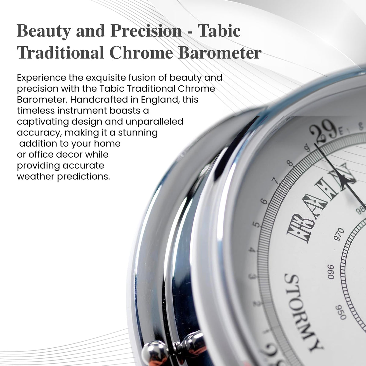 Tabic Traditional Barometer with Heavy Brass Case, Chrome Plated, Handmade in England (1/2kg) - Weather Predictor for Home and Office - Mounted Atmospheric Pressure Gauge in Elegant Chrome Finish