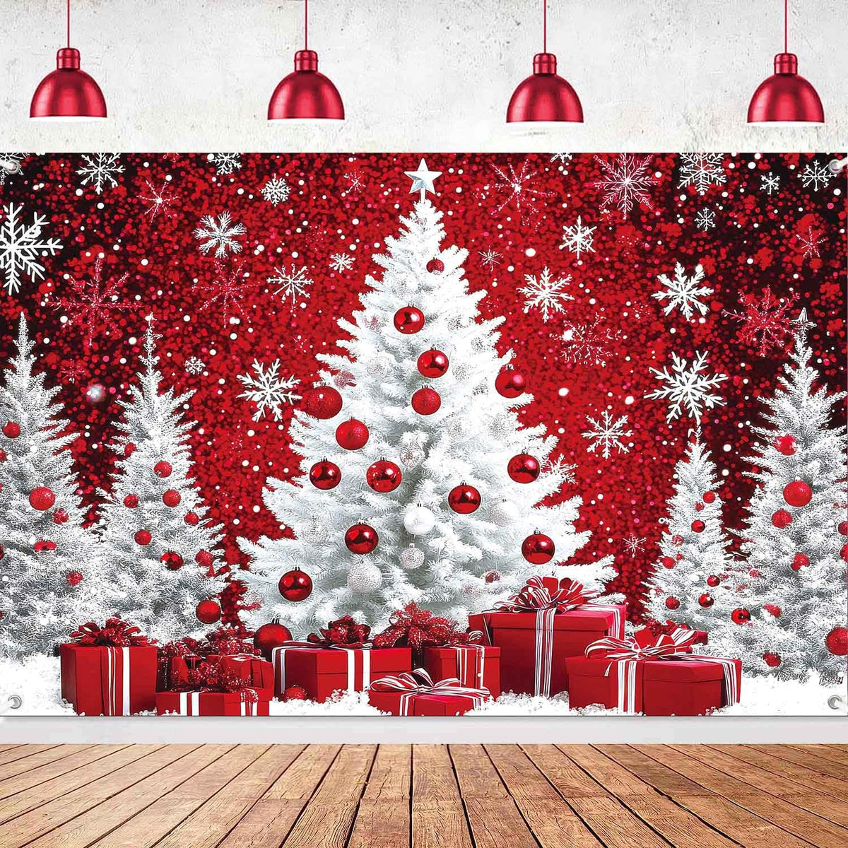 LDWLYW Snowy Christmas Backdrop Merry Christmas Holiday Birthday Party Decorations Banner Large Red White Snow Xmas Tree Winter Photography Background Wall Decor Photo Props 5x3ft
