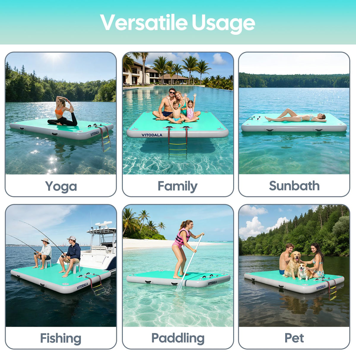Inflatable Floating Dock, Water Island Float Raft Mat with Non-Slip Surface, 10FT Air Deck Platform, 6 Inch Thick for Pool, Lake, River, Beach, Ocean (Mint Green)