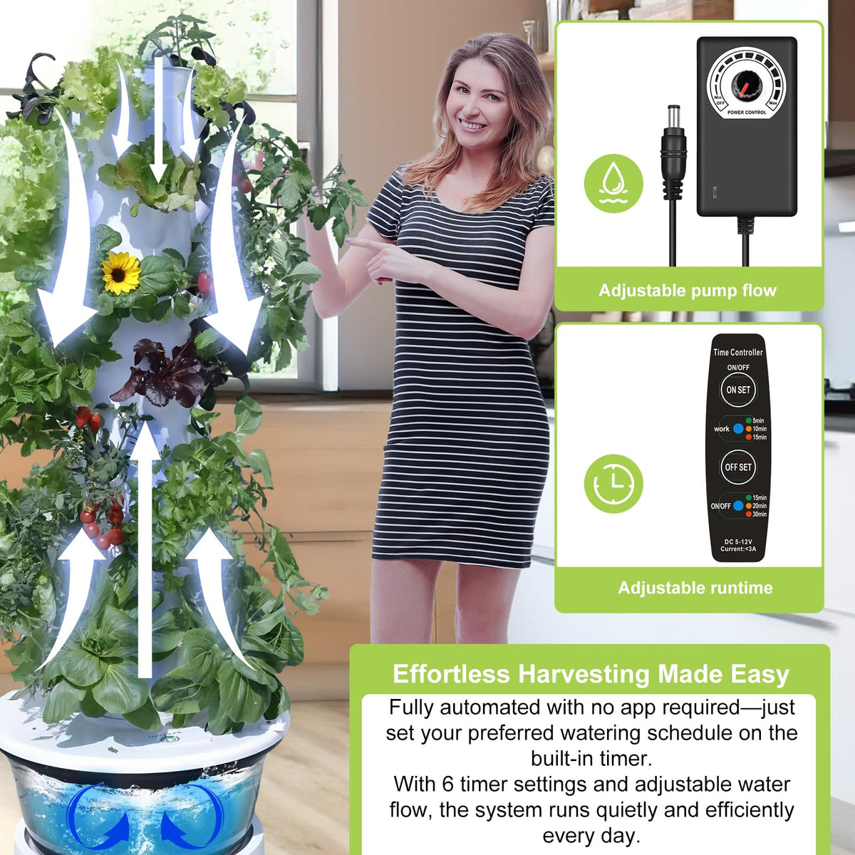 Vertical Hydroponic Growing System Kit, Indoor & Outdoor Hydroponic Tower, Herb Growing Garden with 36 Planting Sites, Automatic Timer Smart Hydroponic Gardening System