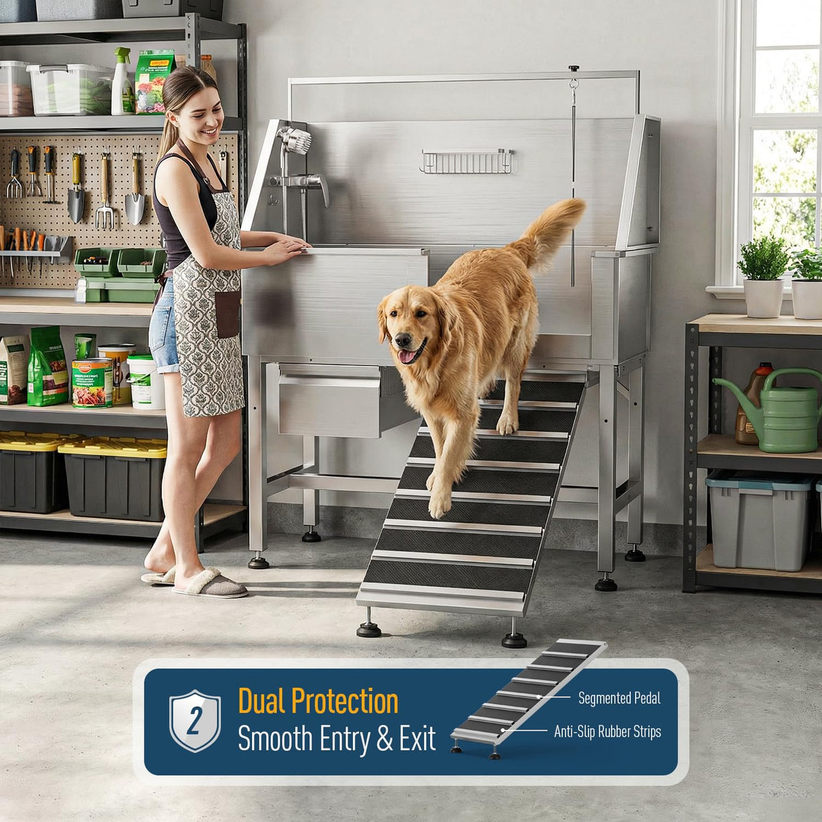 46" Heavy Duty Dog Washing Station - 304 Stainless Steel Pet Bathing Tub with Right Side Ramp, Elevated Grooming Sink with Storage Drawer & Removable Floor Grate, Outdoor Ready for Large & Medium Dogs