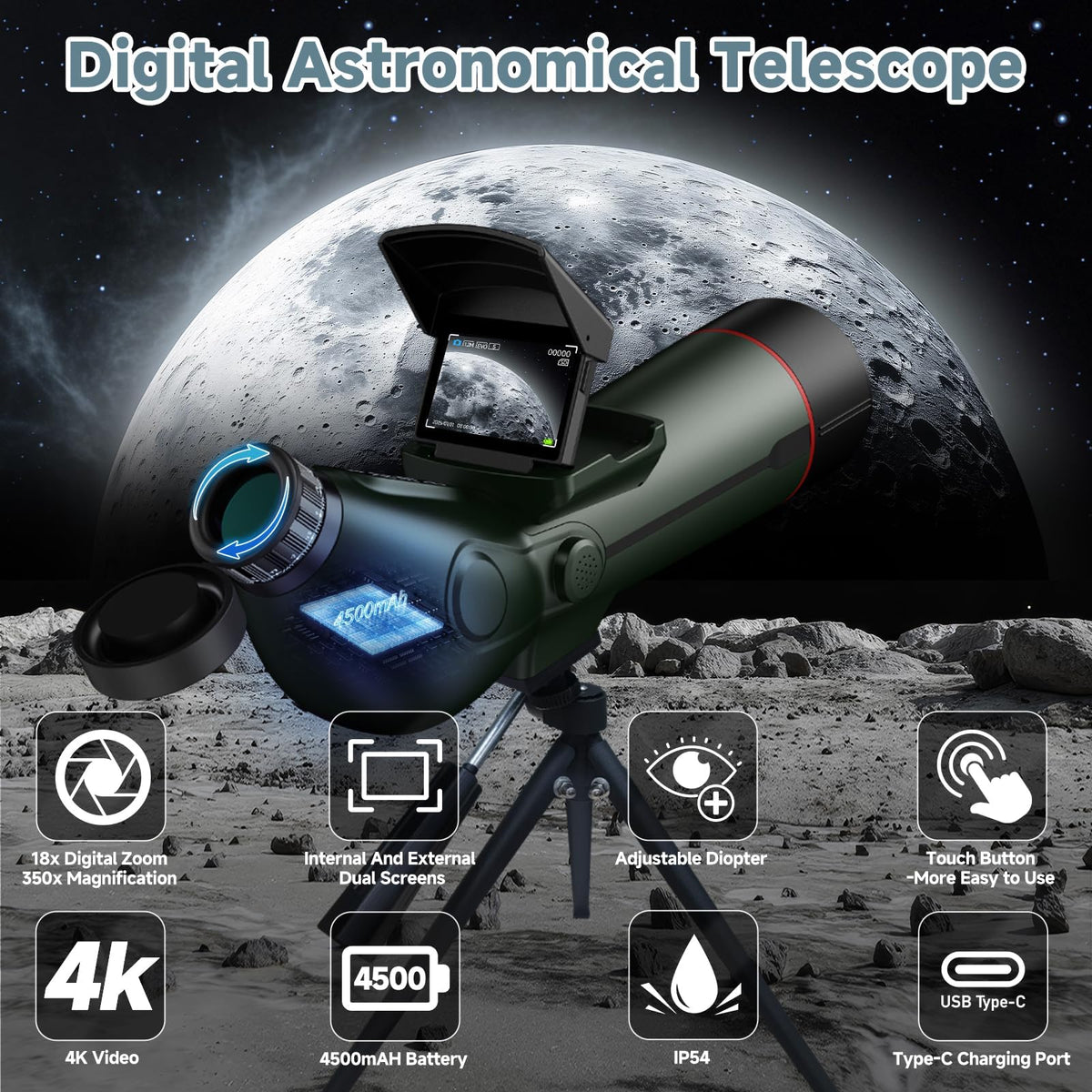Smart Telescope, Professional Refractor Auto-focus Portable Digital Electronic Telescopes with 4K Astrophotography Camera, Internal And External Dual Screens Spotter for Adults and Beginners Astronomy