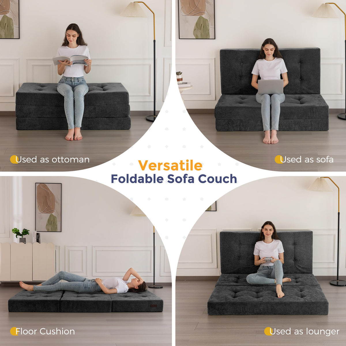 MAXYOYO 6" Folding Sofa Bed for Floor, Tufted Tri-Fold Floor Couch Bed with Chenille Fabric, Twin Size Portable Sofa Couch Guest Mat for Adults, Foldable Topper for Camping, Dark Grey, 35.4"x75"
