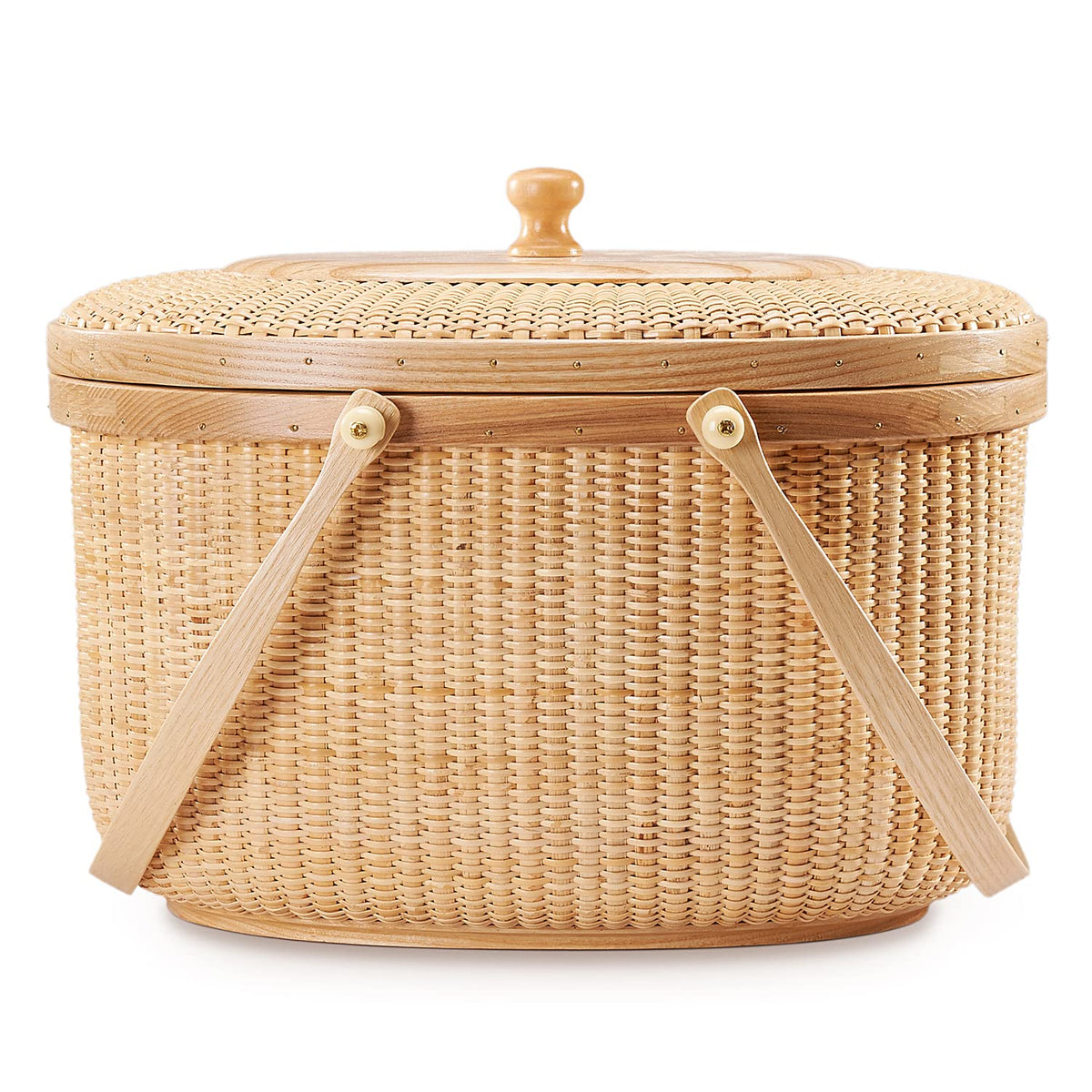 Teng Jin Nantucket Sewing Basket, Cane-on-cane Weave, Hard Ash, Oval, With Lid and Wood Handles
