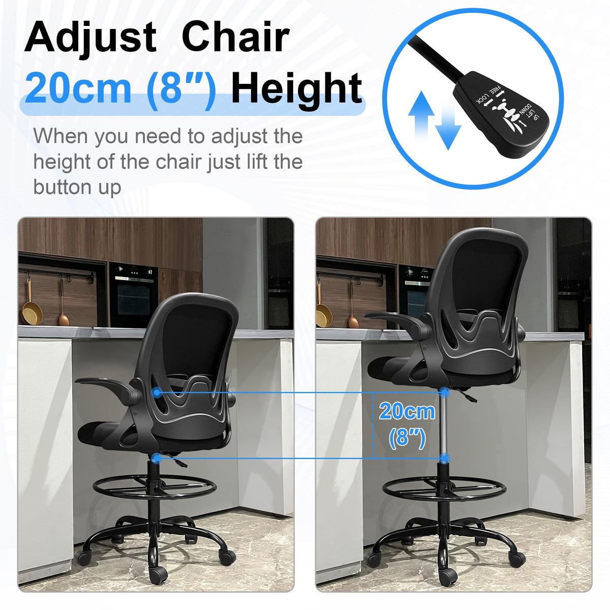 Primy Drafting Chair Tall Office Chair with Flip-up Armrests Executive Ergonomic Computer Standing Desk Chair with Lumbar Support and Adjustable Footrest Ring (Black)