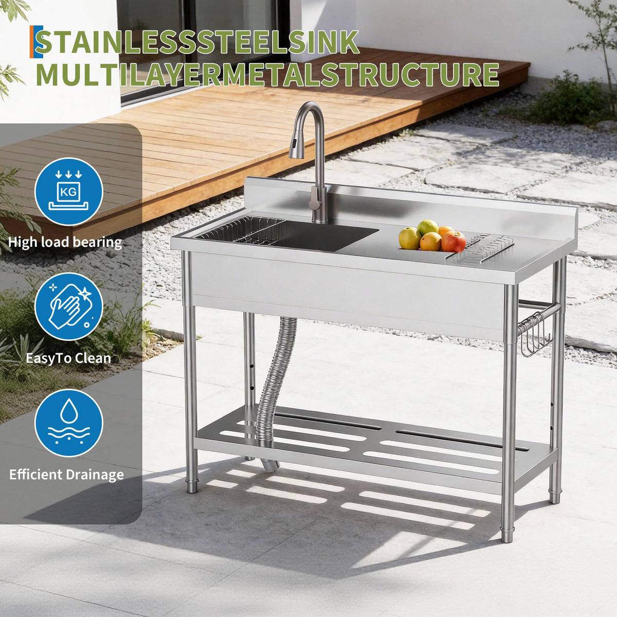 Commercial Stainless Steel Utility Sink with Drainboard, Freestanding Single Bowl Prep Sink with Work Table & Pull-Out Faucet, for Restaurant Kitchen, Garage, Outdoor
