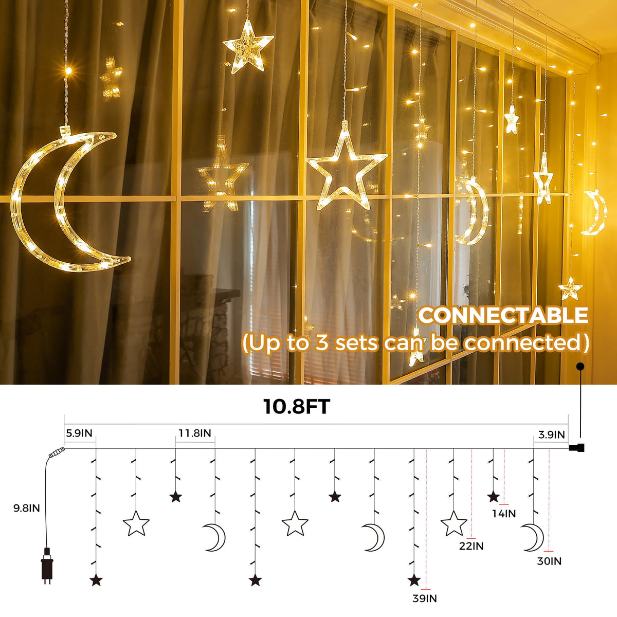 Qunlight Ramadan Solar Icicle Lights,10.8ft 138 LED Outdoor Waterproof Moons Stars Curtain Window String with 8 Modes Timer Remote,USB Rechargeable Connectable Warm White Hanging Decor for Patio
