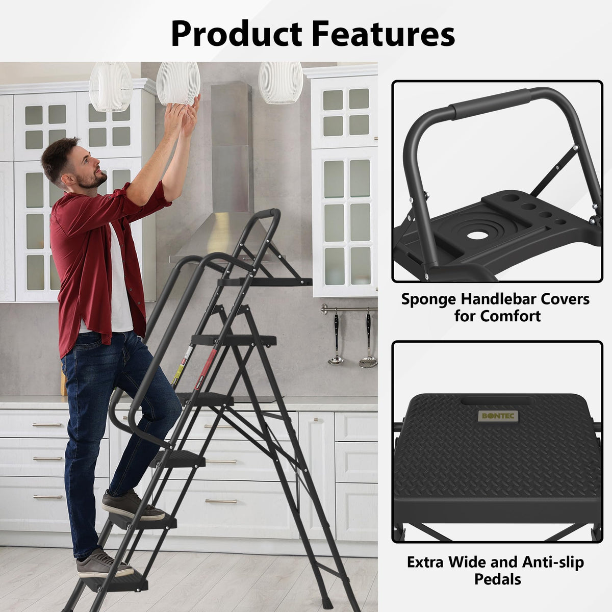 BONTEC 5-Step Ladder, 400lbs Max Load, Folding Step Stool with Tool Tray, Tool Bag, Handrails, Wide Anti-Slip Pedals, Sturdy Steel Ladder for Household & Work Use, Black