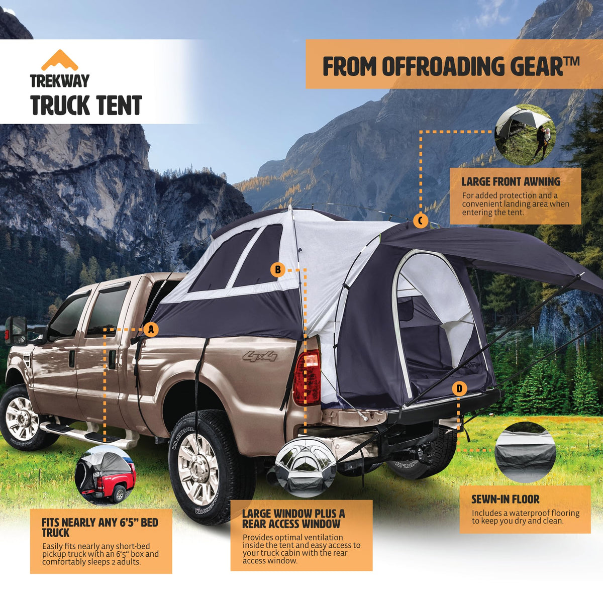 Offroading Gear 6.5ft Truck Bed Camping Tent w/Awning | Waterproof | Portable | Compatible with F150| Ram| Sierra| GMC| Nissan| Etc.