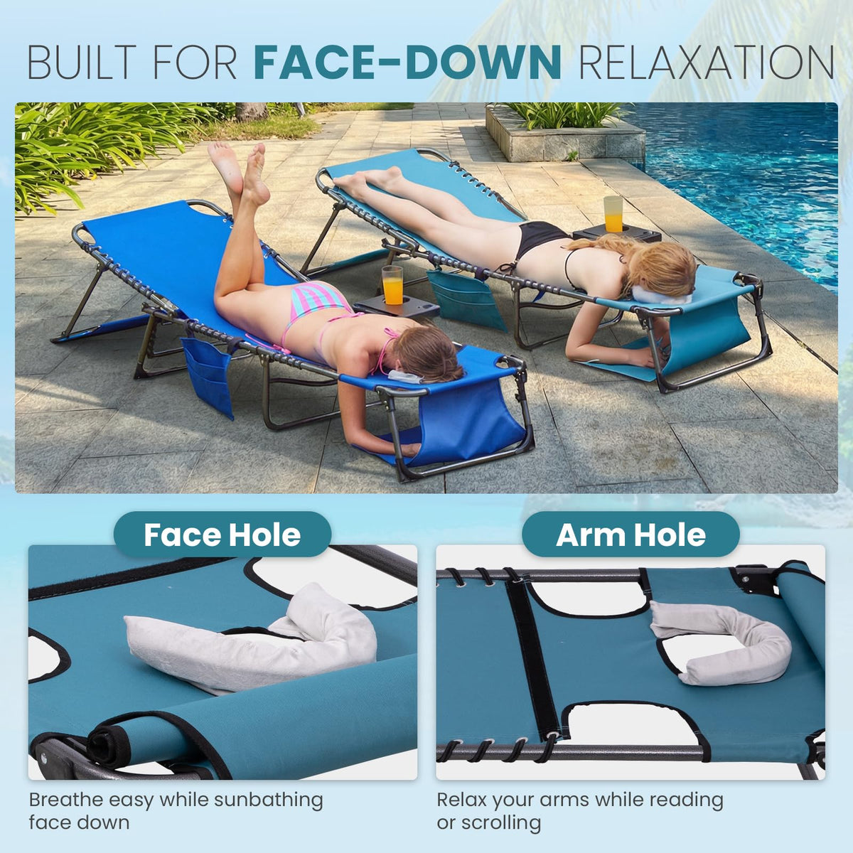 FUNDANGO 400lbs Tanning Chair with Face Hole & Canopy & Side Table, 5 Positions Beach Sunbathing Lounge Chair Facedown Chaise Lounge with Pillow for Pool Outdoor Camping Patio, Set of 2 Cyan
