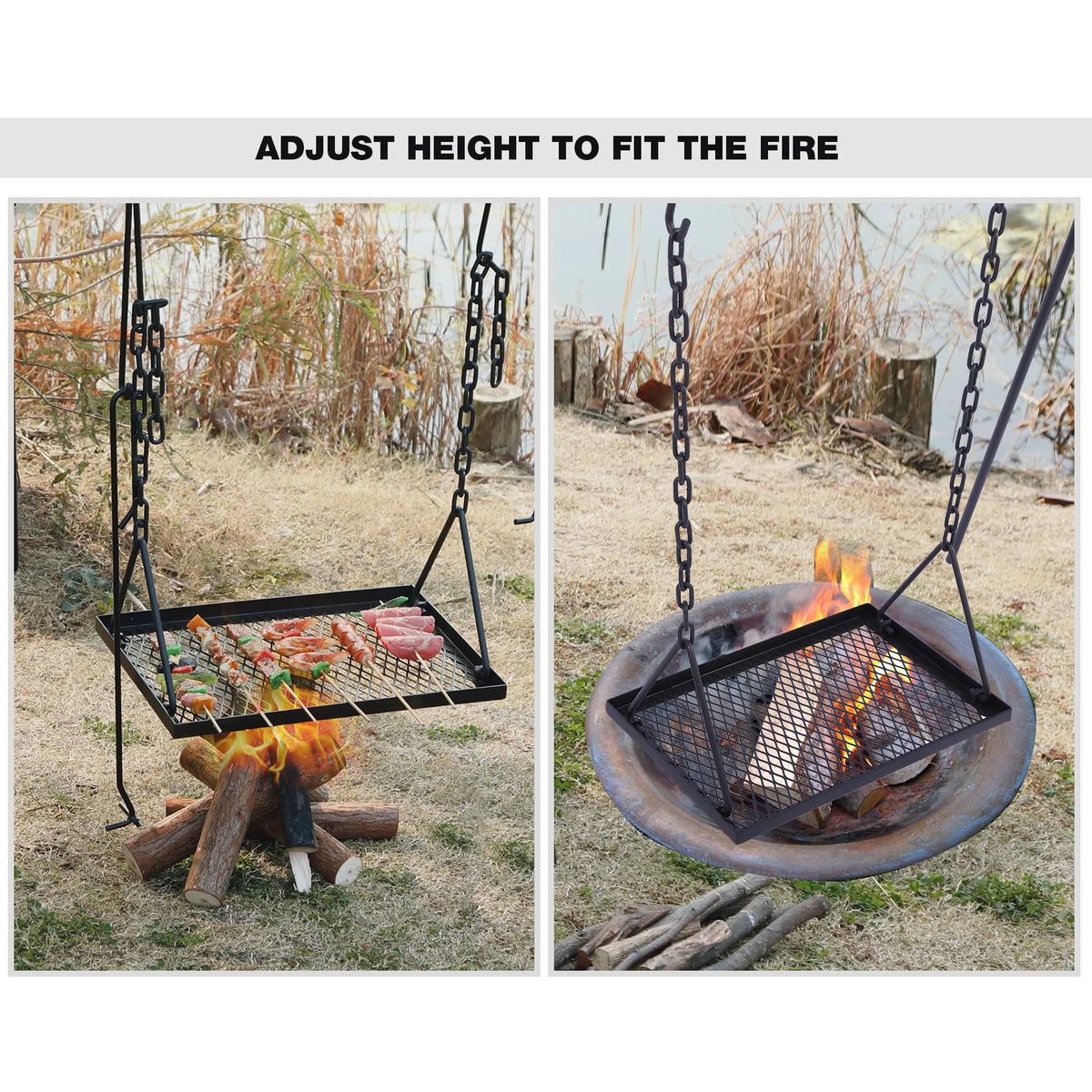 REDCAMP Swing Campfire Grill Stand - Collapsible Campfire Cooking Rack with 6 Hooks & Iron Grill Grate, Portable Dutch Oven Hanger for Outdoor Camping, Cookware, Bonfire, Rectangle