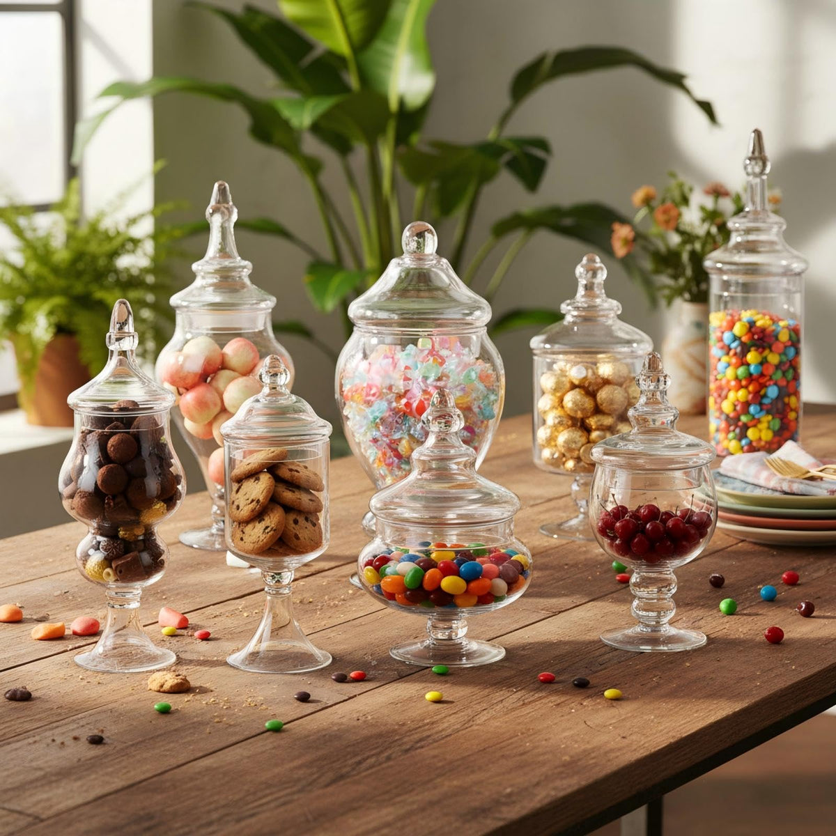 Mimorou 8 Set Glass Apothecary Jars with Lids and Plastic Scoops, Large Clear Candy Buffet Jars Decorative Storage Canisters Set Table Containers for Candy Bar Wedding Kitchen Bathroom(Various Glass)