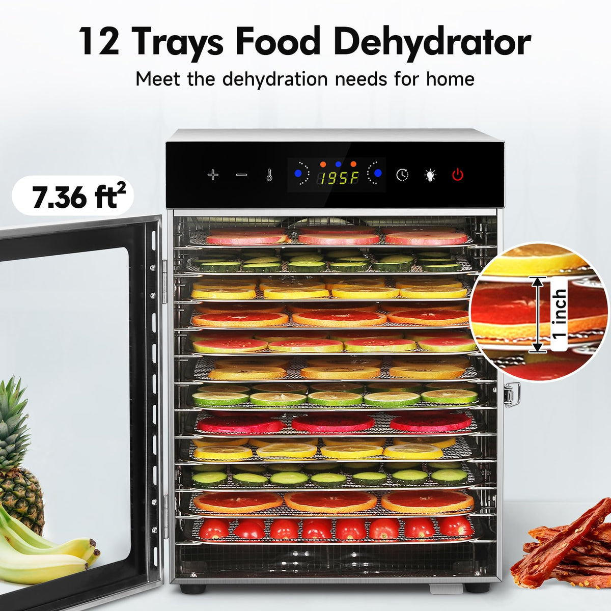 Food Dehydrator Machine 12 Stainless Steel Trays 1000W Meat Dehydrator for Home Use, 24H Timer & 195℉ Temperature Control Food Dryer for Jerky Fruit Herbs Mushroom Dog Treats