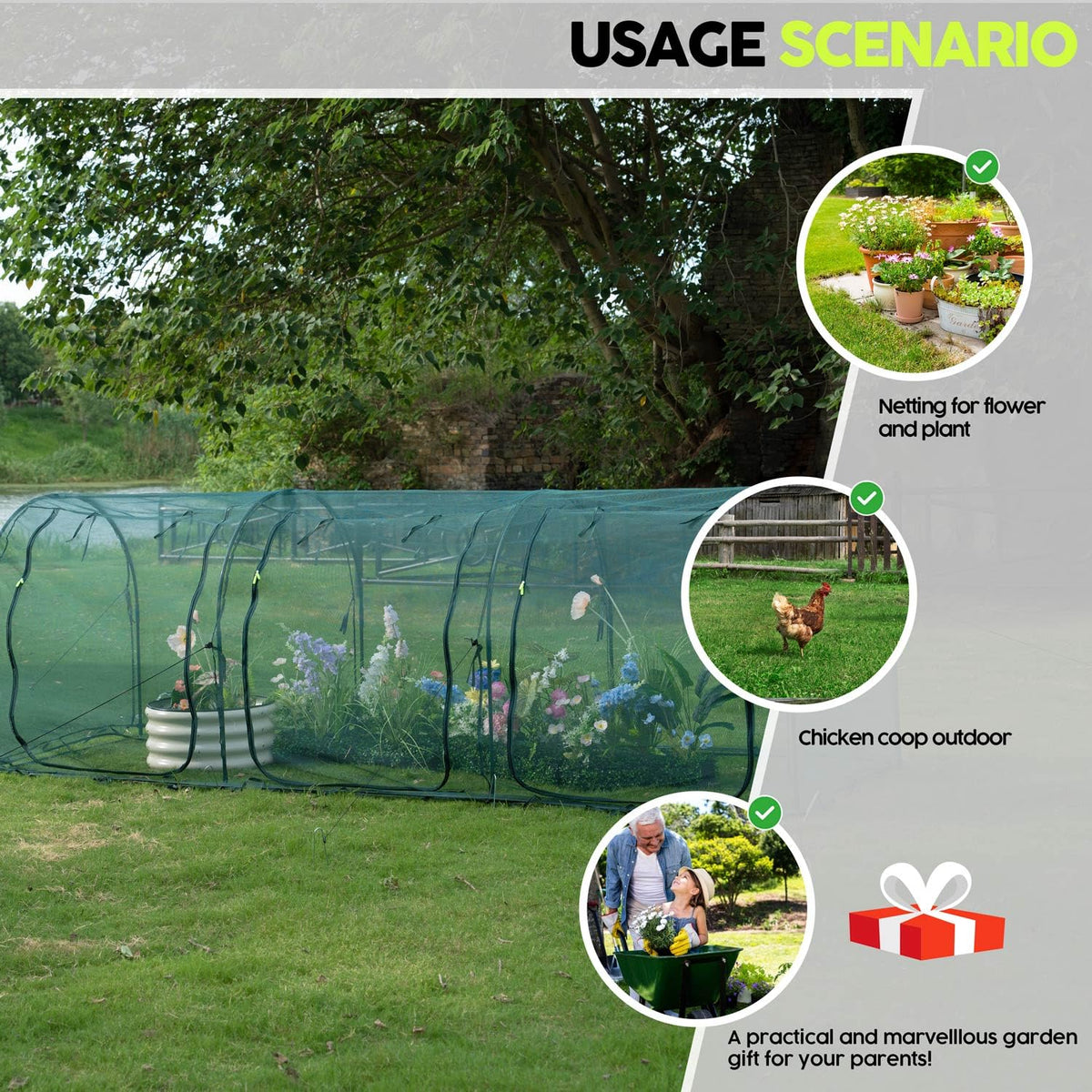 Poray Large 12.3X4FT Tunnel Plant Netting Cover,4.1FT Tall Crop Cage Tomato Netting for Vegetables&Fruits,Durable Gardening Net for Plant and Animals