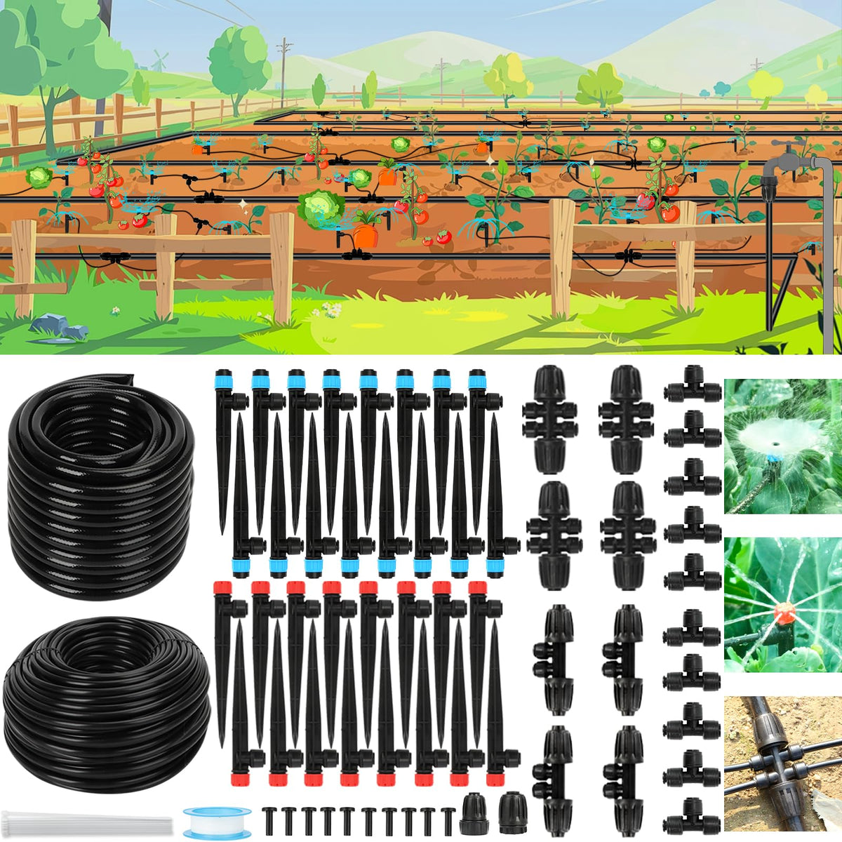 250FT Drip Irrigation System for Garden - 50FT 1/2" Main Tube & 200FT 1/4" Branch Tubing, Brass Splitter, Quick Connect Design, Perfect for Outdoor Plants, Raised Beds, Greenhouses