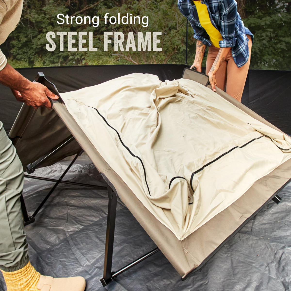 Coleman Queen-Size Airbed Cot Combination, Folding Air Mattress with Steel Frame & Side Table, Battery Pump Included, Great for Camping, Lounging, Elevated Sleeping, Guests, & More