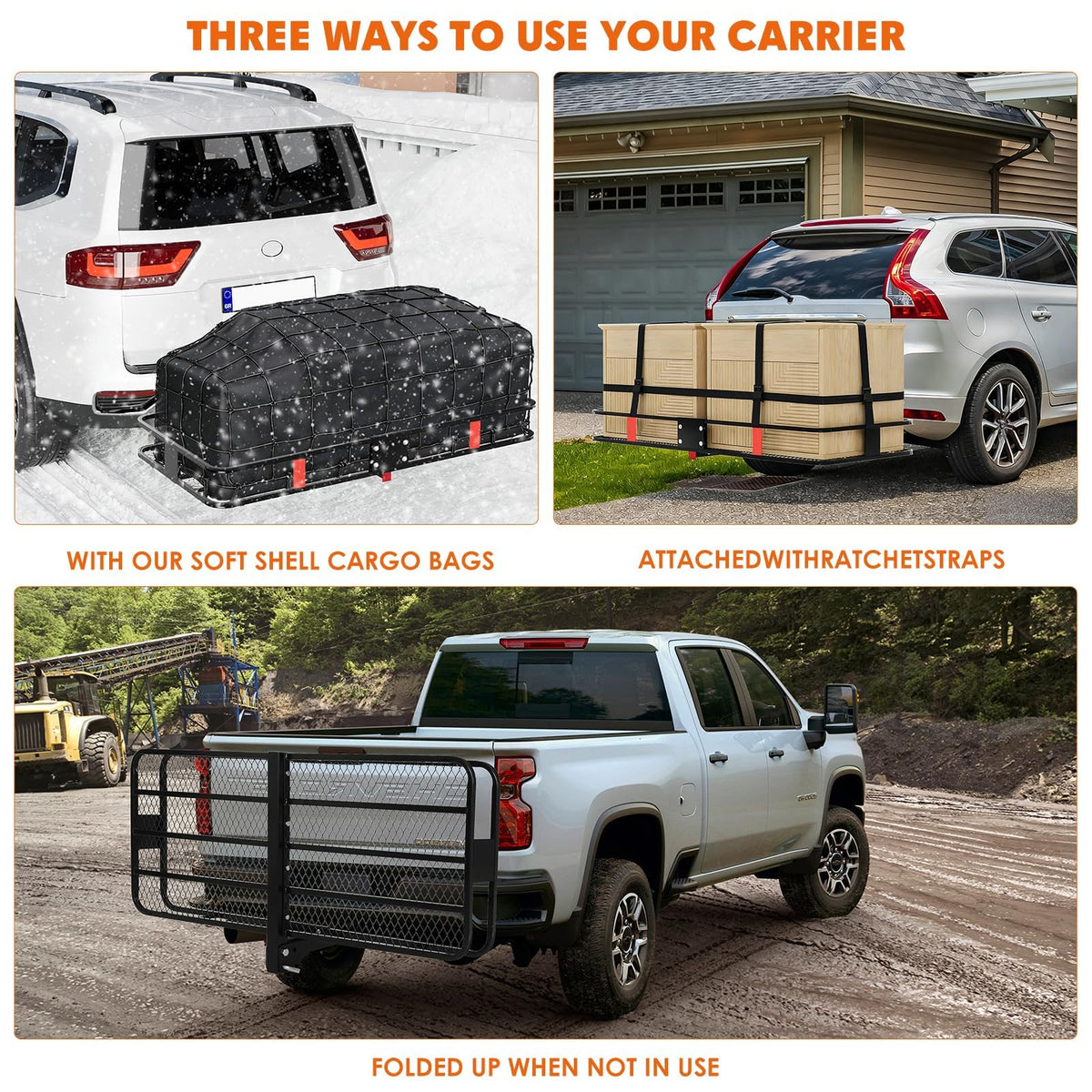 70" x 30" x 6" Folding Hitch Cargo Carrier Basket, Hitch Mount Cargo Carrier,500 Lb Capacity Heavy Duty Hitch Mount Rack with Ratchet Straps, Cargo Bag & Hitch Lock – Fits 2" Receiver for SUV & Truck