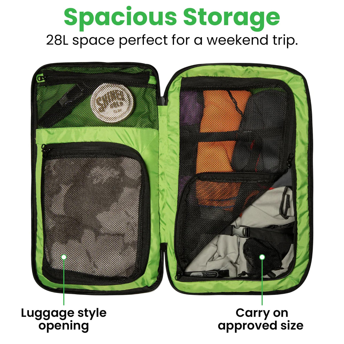 COR Surf Carry On Travel Backpack Bundle | Island Hopper Travel Backpack with Toiletry Bag and Compression Packing Cube Set (28L 2.0, Black with Green Zipper)