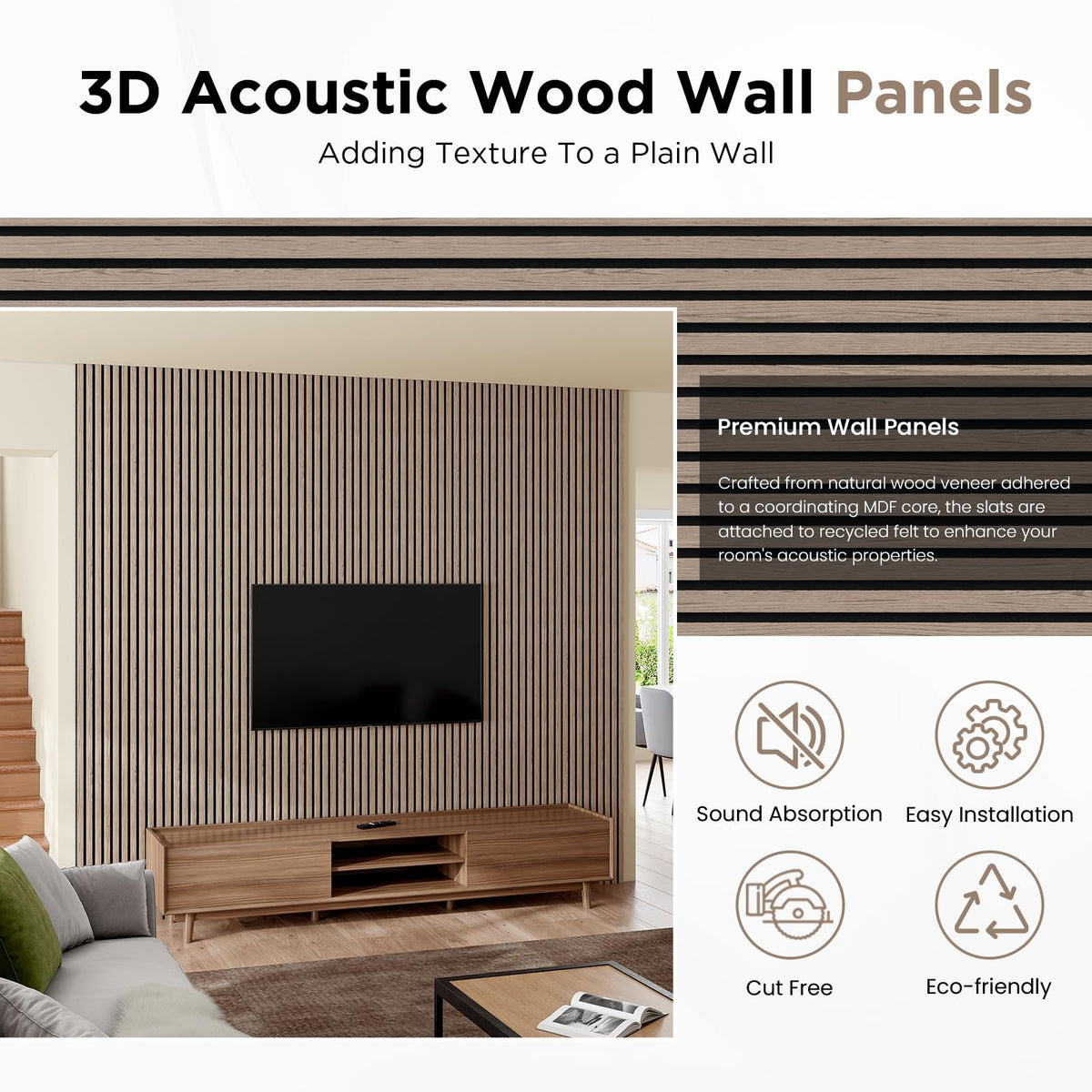 Smartstandard Wood Slat Acoustic Panels, 106" x 12.6" Each Soundpoof Wooden Slat Wall Panel - Walnut, 4 Pack