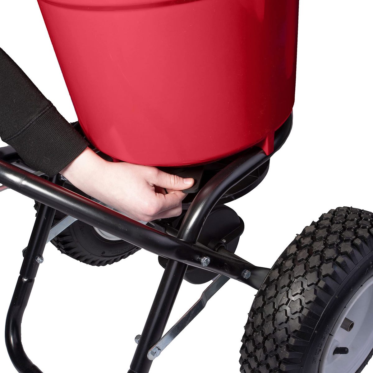 EarthWay 2150 Commercial 50 LB Broadcast Fertilizer Spreader. Heavy-Duty Walk-Behind Push Garden Seeder with Adjustable Drop Rate and Driving Handle. Large 13 inch Pneumatic Stud Tires