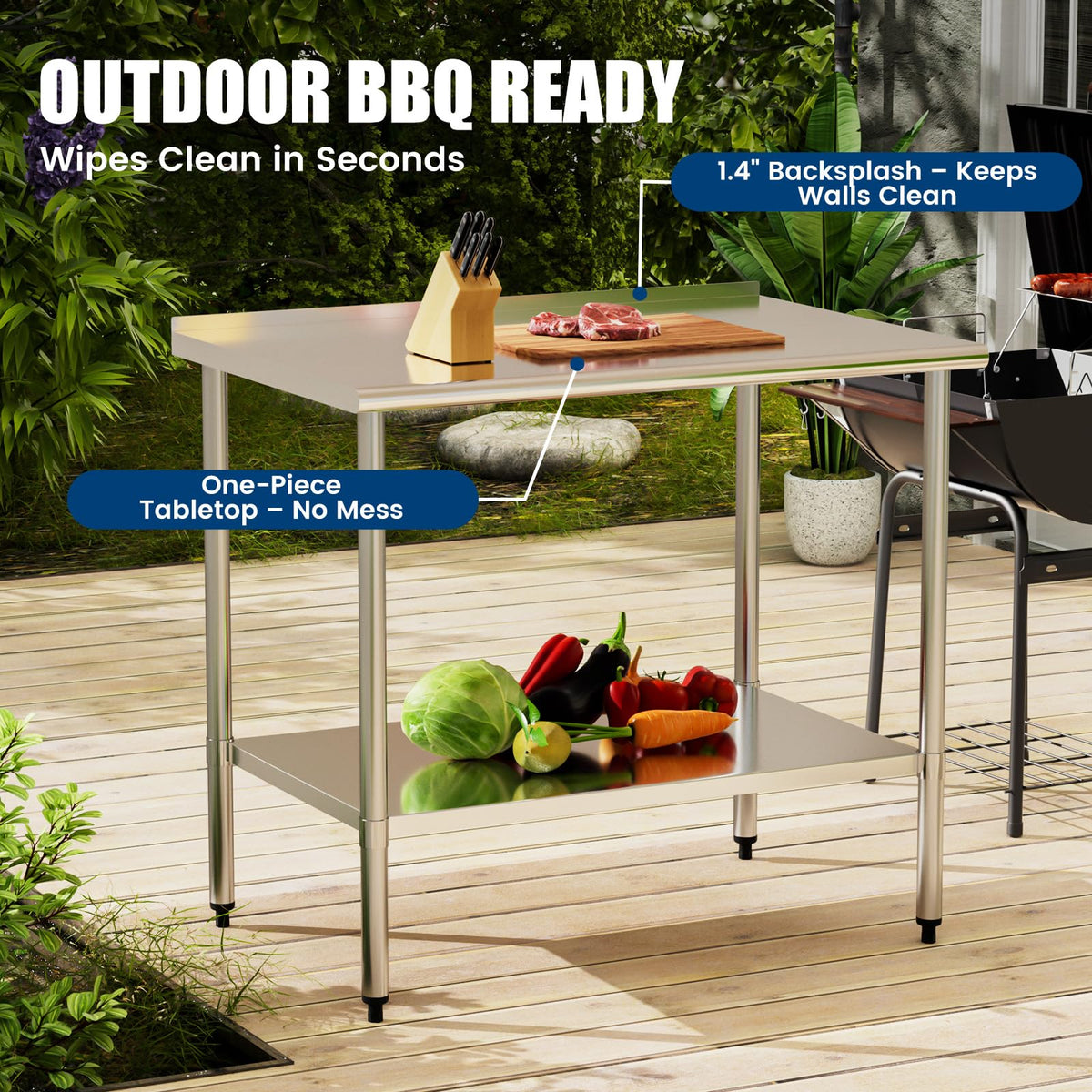 Chingoo Stainless Steel Work Table 30x48 Inch with Adjustable Undershelf & Backsplash, Heavy-Duty Prep Table for Commercial Kitchen, Restaurant, Garage, Outdoor