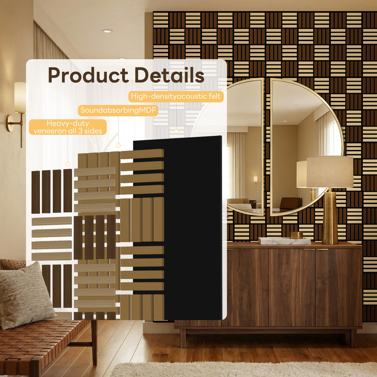 8 Pack Wood Slat Acoustic Wall Panels, Soundproof Wood Panels for Wall and ceiling, 3D Wall Panles with Slat Design for Bedroom, Living Room, Office, TV Background(13.8 × 27.4)