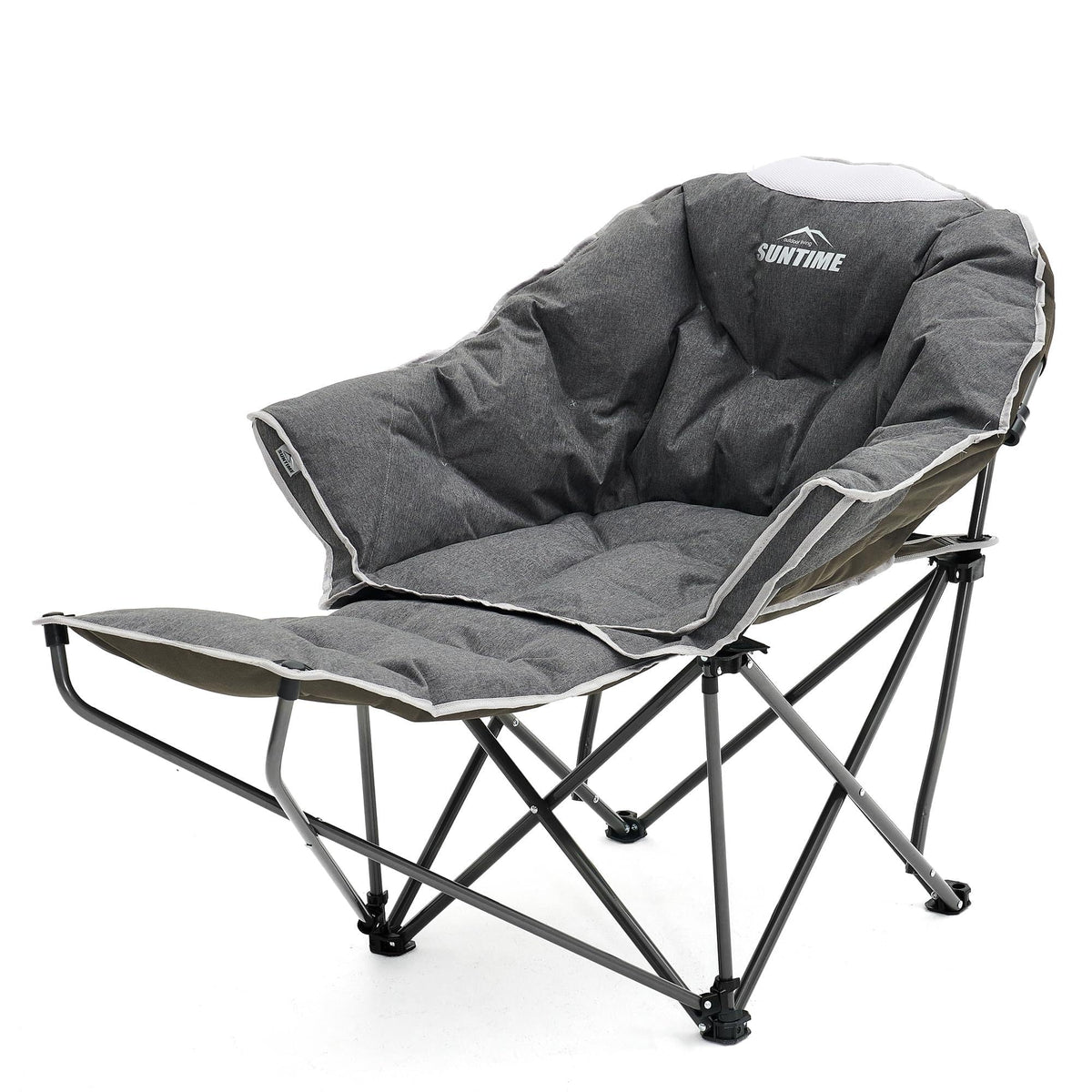 Upgrade Oversized Padded Comfy Camping Chair with Removable Leg Rest,Adjustable Cup Holder,Built-in Comfy Foam Armrest Supports,Heavy Duty Outdoor Round Folding Chair for Camping, Carry Bag, Gray