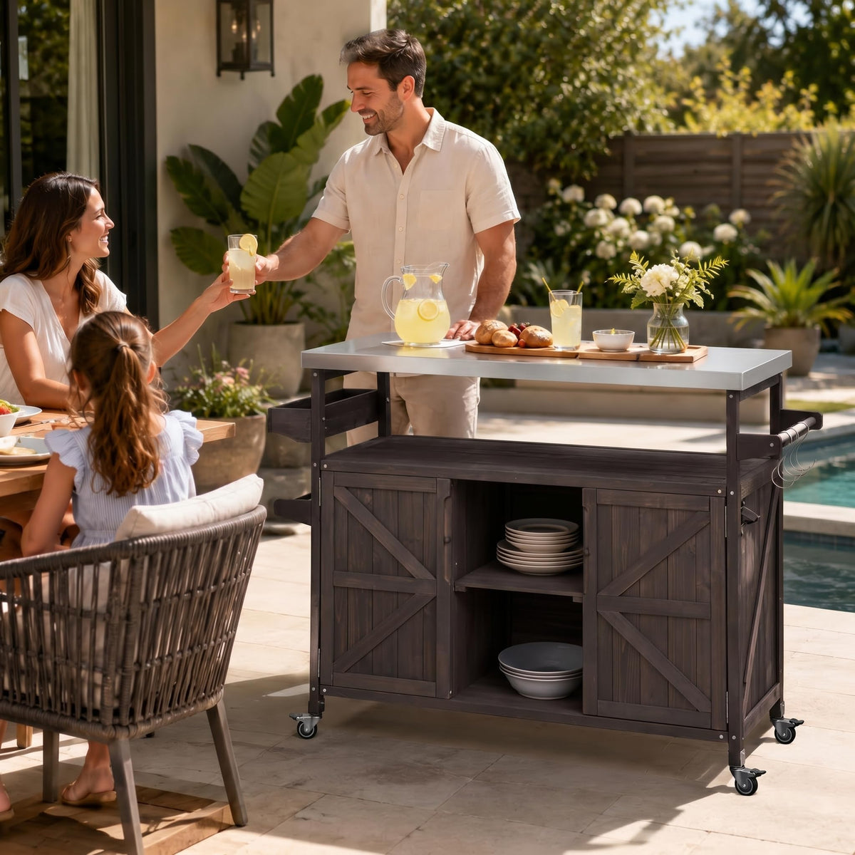 50" Outdoor Grill Cart with Storage Cabinet, Solid Fir Wood BBQ Prep Table with Stainless Steel Top, Rolling Outdoor Serving Cart with Lockable Wheels, Spice Rack & Hooks for Patio, Brown