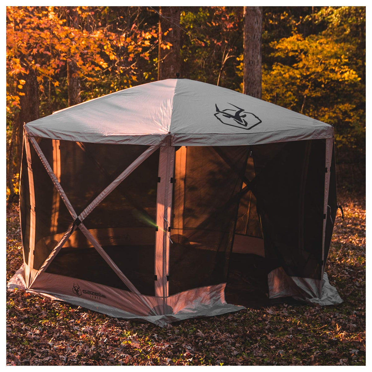 Gazelle Tents™ G6 6-Sided Portable Gazebo with TriTech Mesh, Easy Pop-Up Hub Screen Tent, Waterproof, UV Resistant, 8-Person & Table, Desert Sand, 86" x 124" x 124", GK914, Includes 3 Wind Panels