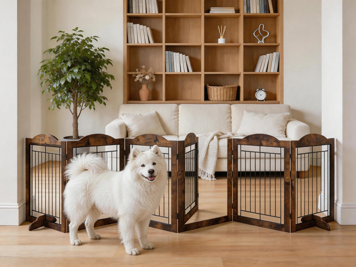 Vantas Folding No-Assembly Dog Door Pet Gate 144" Wide, 30" Tall Wooden Dog Gate with Door Walk Through, Freestanding Wire Pet Gate, Pet Puppy Safety Fence, with 2PCS Support - Rustic Brown