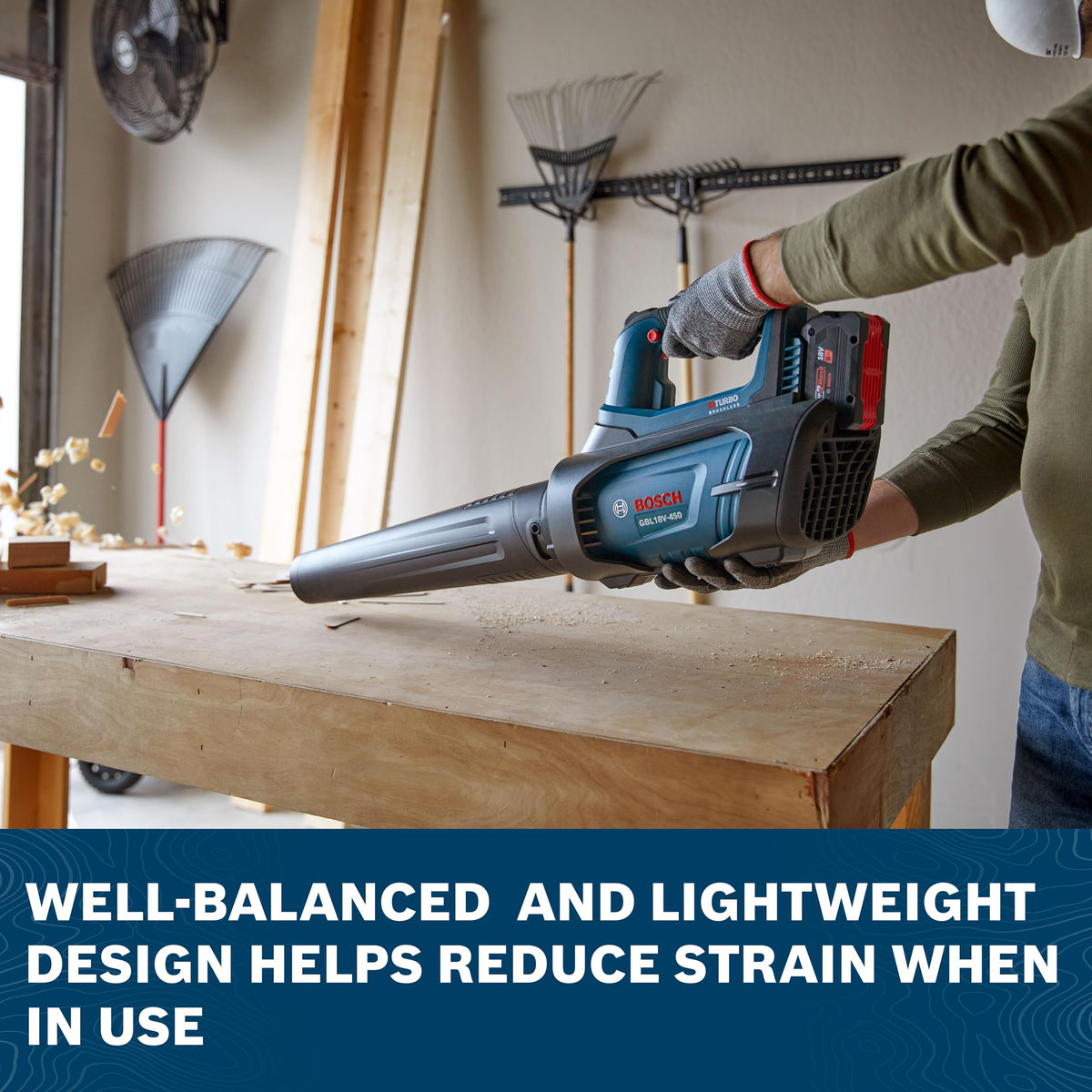BOSCH GBL18V-450N 18V Brushless Cordless Leaf Blower, 450 CFM Jobsite Air Broom for Workshop & Yard Cleanup (Bare Tool)