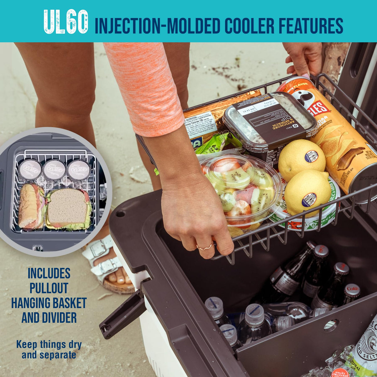 ENGEL 60 QT Ultra-Light Injection Molded Cooler - Ice Chest Keeps Ice up to 7 Days - Large Cooler Includes Wire Basket, Divider and Built-in Bottle Opener - Gray with Dark Grey Interior (Haze Grey)