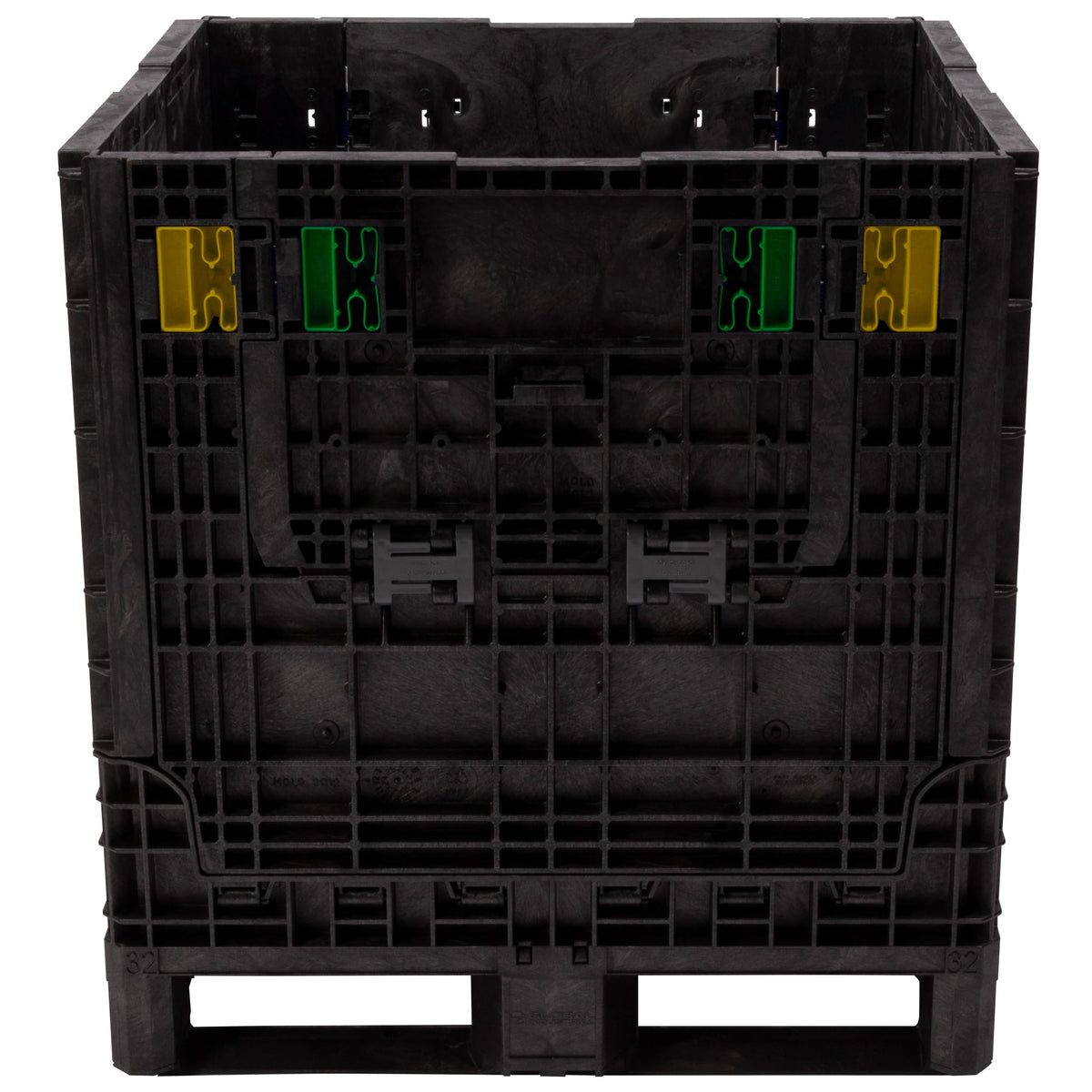 Buckhorn 32" x 30" x 34" Collapsible Bulk Box Container, Standard Duty Plastic Stacking Gaylord Box with 4-Way Forklift Access and 2 Drop Doors, 1700 lb Capacity Storage Tote, Black (BN32303420)