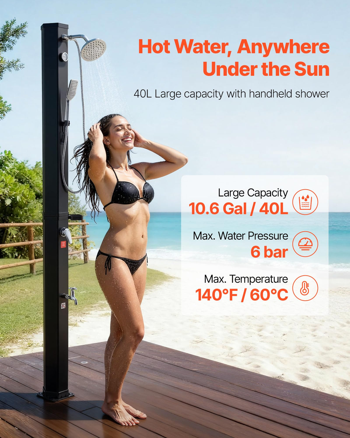 VEVOR Solar Shower, 10.6 Gal, 6.7FT Showerhead Height Outdoor Shower, Black, with Handheld & Foot Faucet, Hot & Cold Water Adjustment, Freestanding for Backyard Poolside Beach Pool
