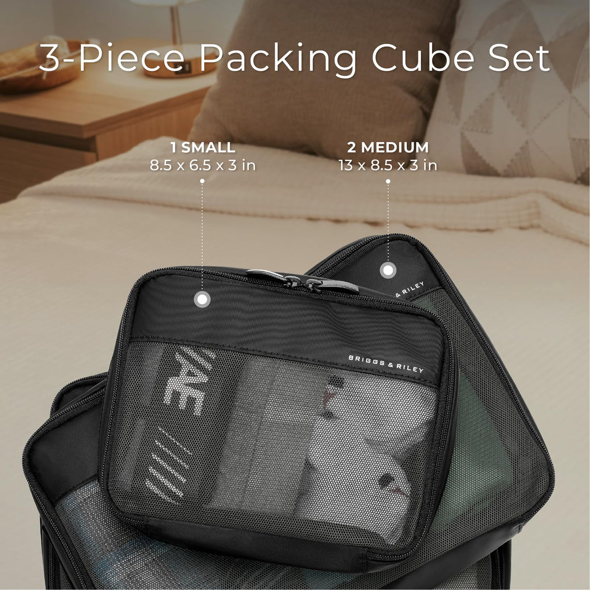 Briggs & Riley Carry On Compression Packing Cube Set - Bag Organizer for Suitcase & Luggage, Travel Essentials for Women & Men, Pack Accessories for Vacation, Maximize Storage Space - 3-Piece, Black