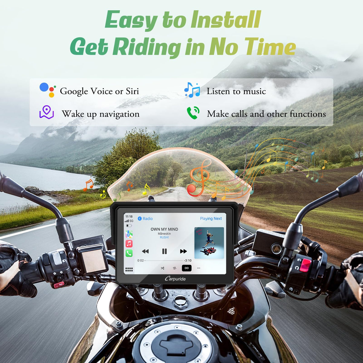 Carpuride W502 Motorcycle GPS Wireless Portable Carplay/Android Auto Waterproof Car Stereo, 5" IPS Touch Screen with Dual Bluetooth, Navigation/Siri/G00gle Assistant for Motorbike