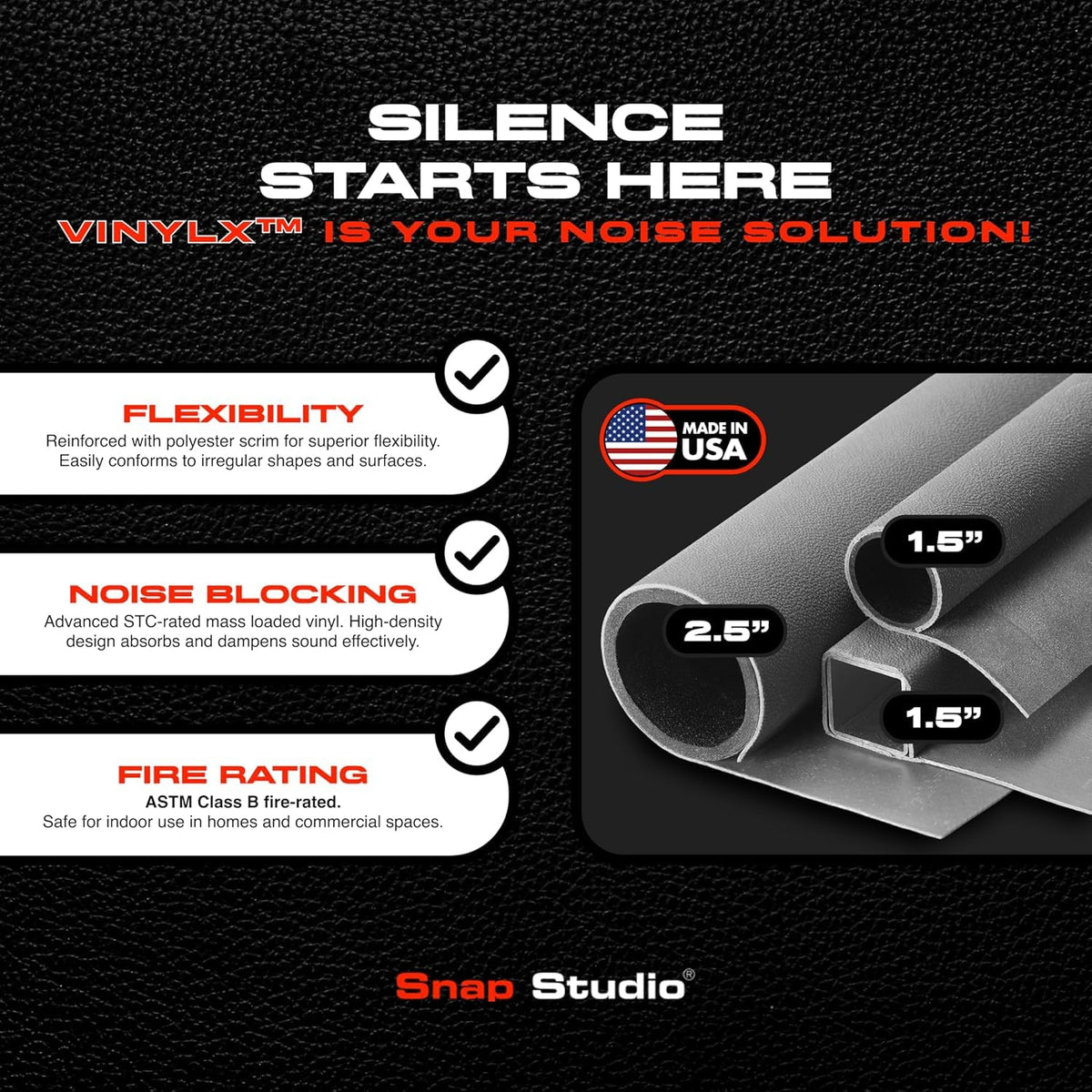 VinylX™ Reinforced Mass Loaded Vinyl (MLV) - Flexible, Heavy Duty Soundproof Barrier for Walls, Ceilings, Floors – ASTM Rated, USA Made – 0.5 lb/sq ft, 48" x 16' Roll