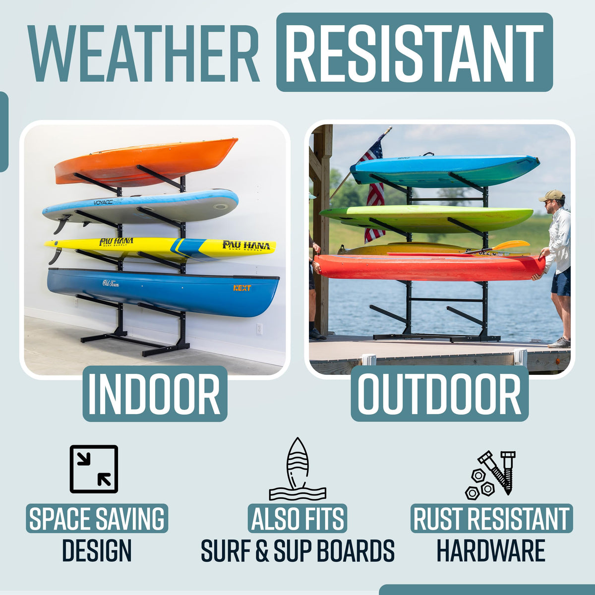 Teal Triangle Freestanding Kayak Storage Rack – 6 Kayak Rack & Canoe Rack – Indoor Outdoor Kayak – Adjustable Surfboard & Stand Up Paddle Board Holder – Adjustable Storage Stand - Black