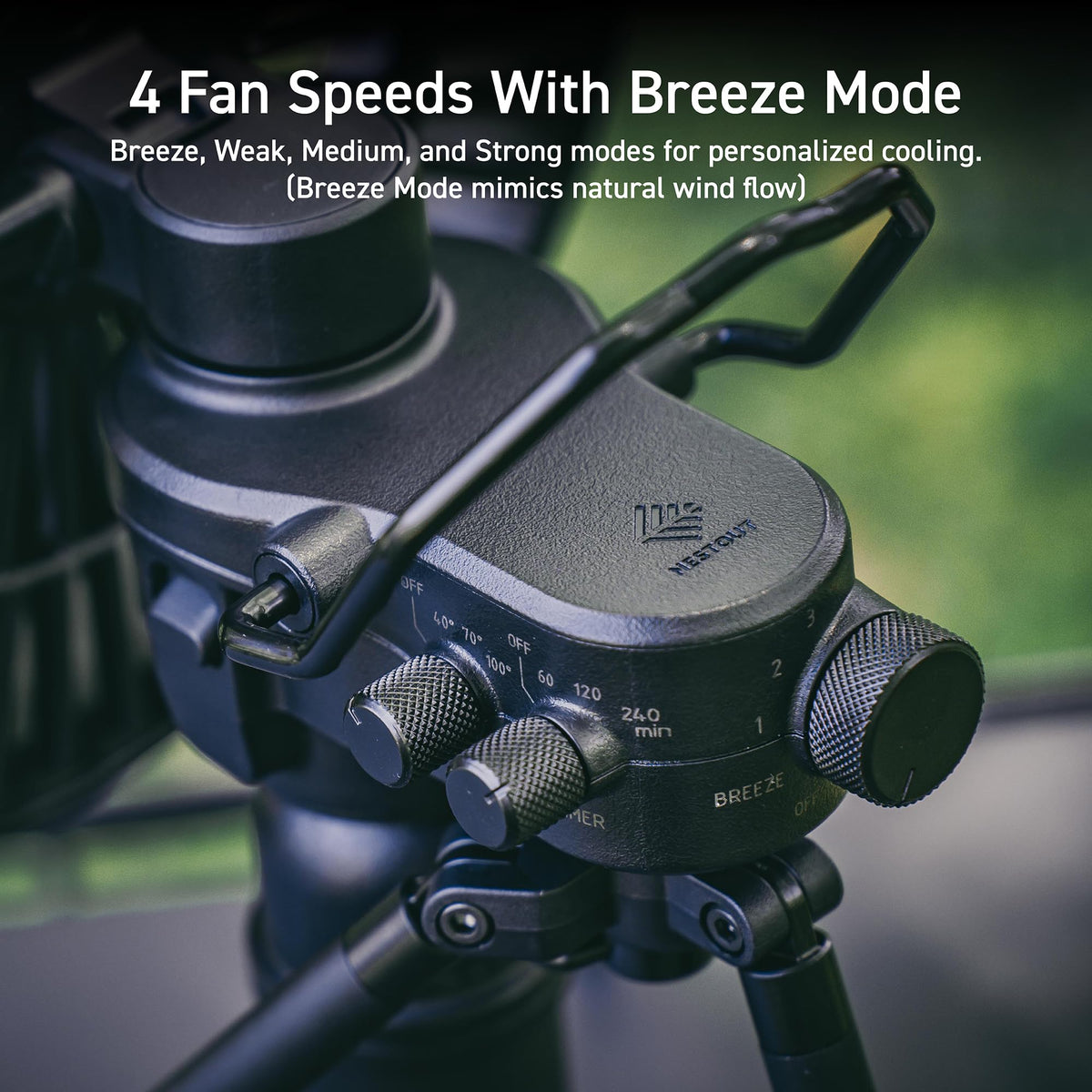ELECOM NESTOUT Outdoor Camping Fan with Tripod, 4 Speed Settings & Breeze Mode, 3 Angle Oscillation, 90° Adjustable Tilt, Timer (30/60/90 mins), USB C Compatible, Portable Tent Fan (Black Full Kit)