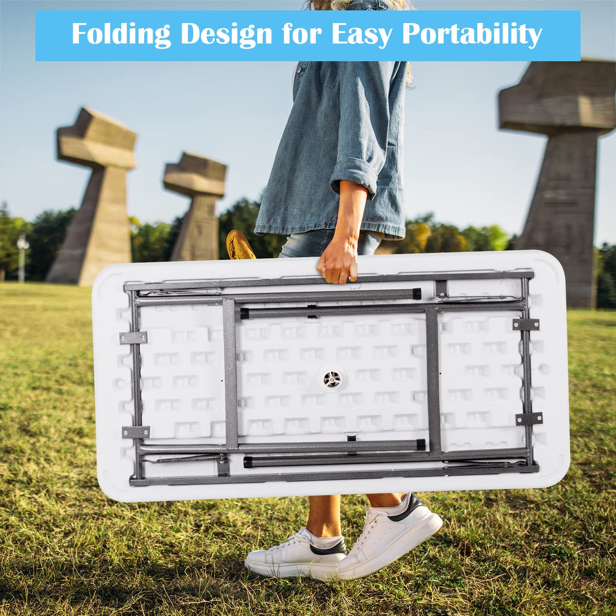 4 Foot Ice Cooler Table, Folding Buffet Cold Food Keeper w/Removable Matching Skirt & Drain Plug, Portable Patio Outdoor Chilling Table, Cooler Server for Party, Picnic, Camping, Wedding, BBQ