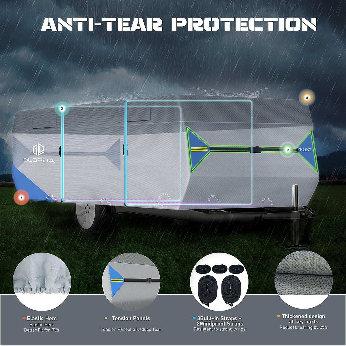 GLOPDA Pop Up Camper Cover Fits 16' - 18' Trailers, Anti-Tear 7 Layers Top 3 Layers Side Tent Trailer Cover, Waterproof Pop Up Folding Trailer Cover with Windproof Strap, Superior RV Covers