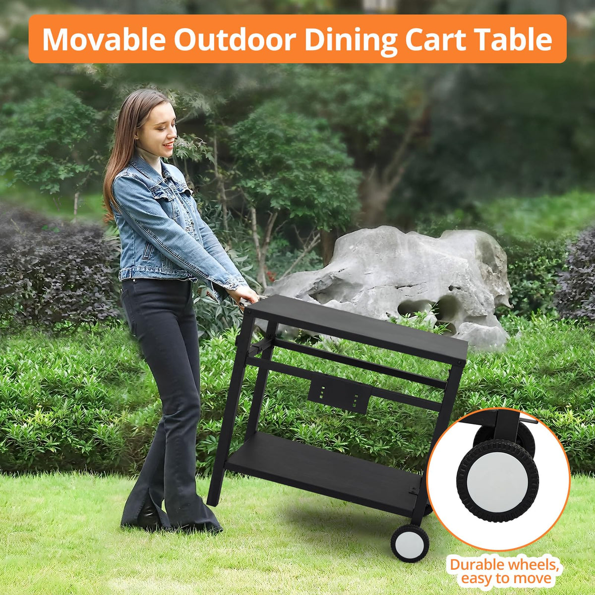Dining Cart,Outdoor Grill Cart with Double-Shelf,with 4 Hooks, Side Handle,Wheels,Cooking Table for Outdoors, Kitchen or Backyard Patio, Movable BBQ Trolley,Multifunctional and Commercial (Black)